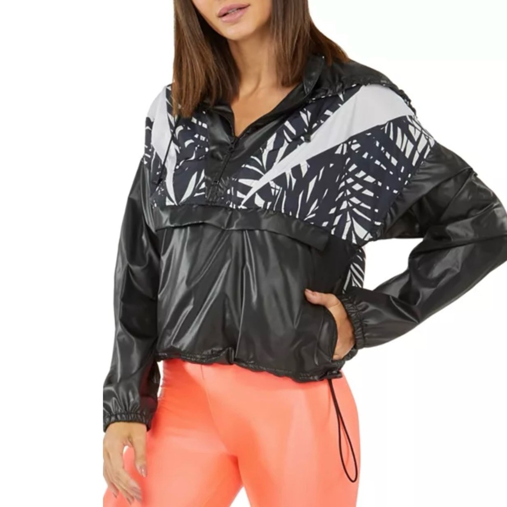 Koral Borde Hooded Anorak Black & White Palm Print Yoke Windbreaker NWOT Small